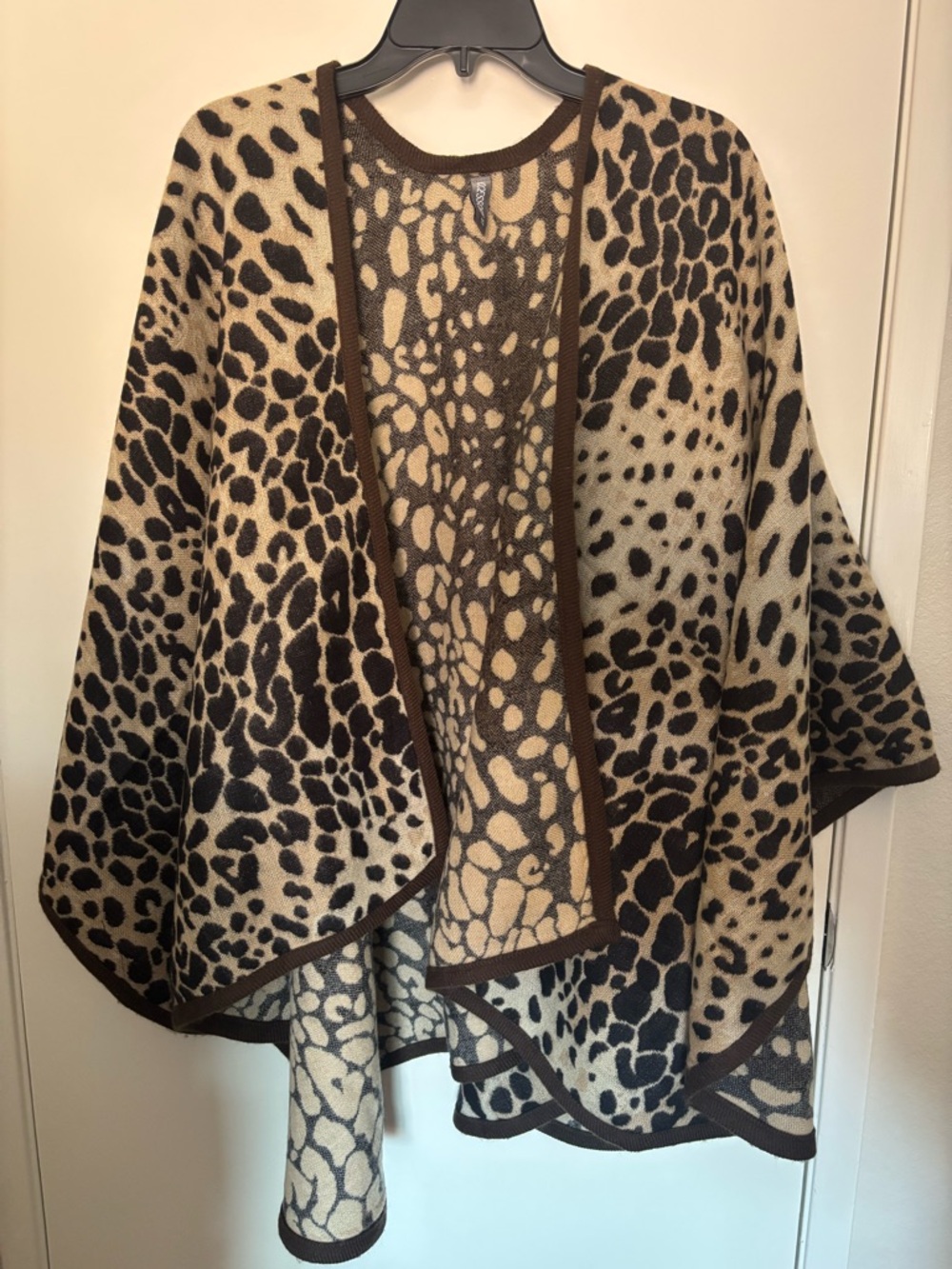 Leopard Print Open Front Poncho - Brown and Cream